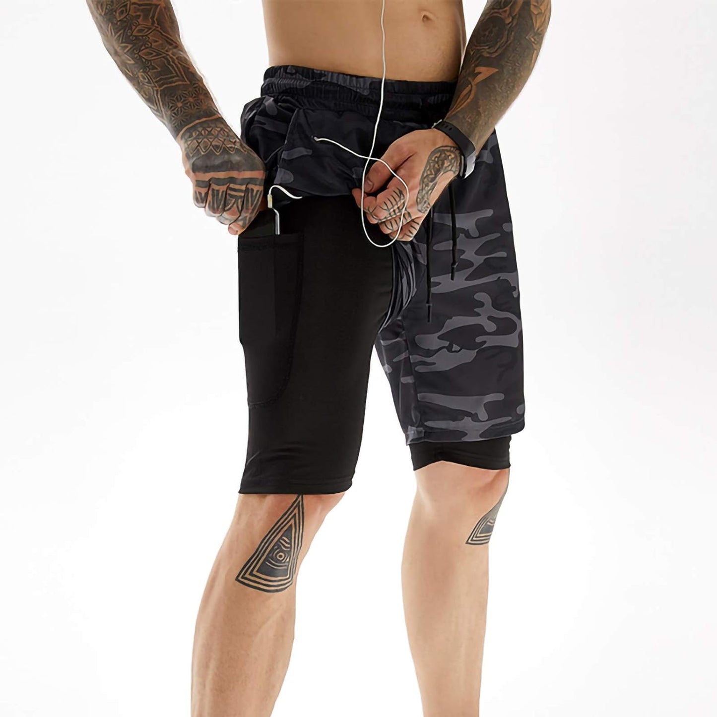 2In1 Quick Dry Work Shorts Men - Shorts for Men Gym Shorts for Men 2 in 1 Gym Shorts for Men Camo with Phone Pockets