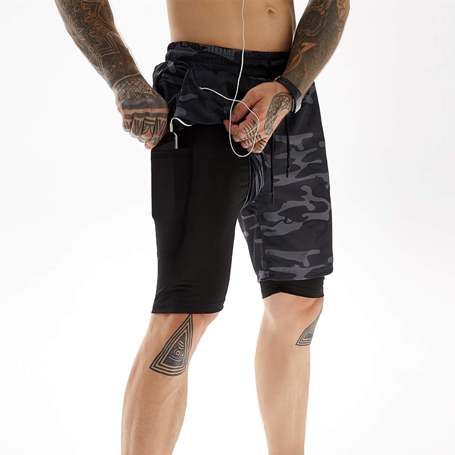 2In1 Quick Dry Work Shorts Men - Shorts for Men Gym Shorts for Men 2 in 1 Gym Shorts for Men Camo with Phone Pockets