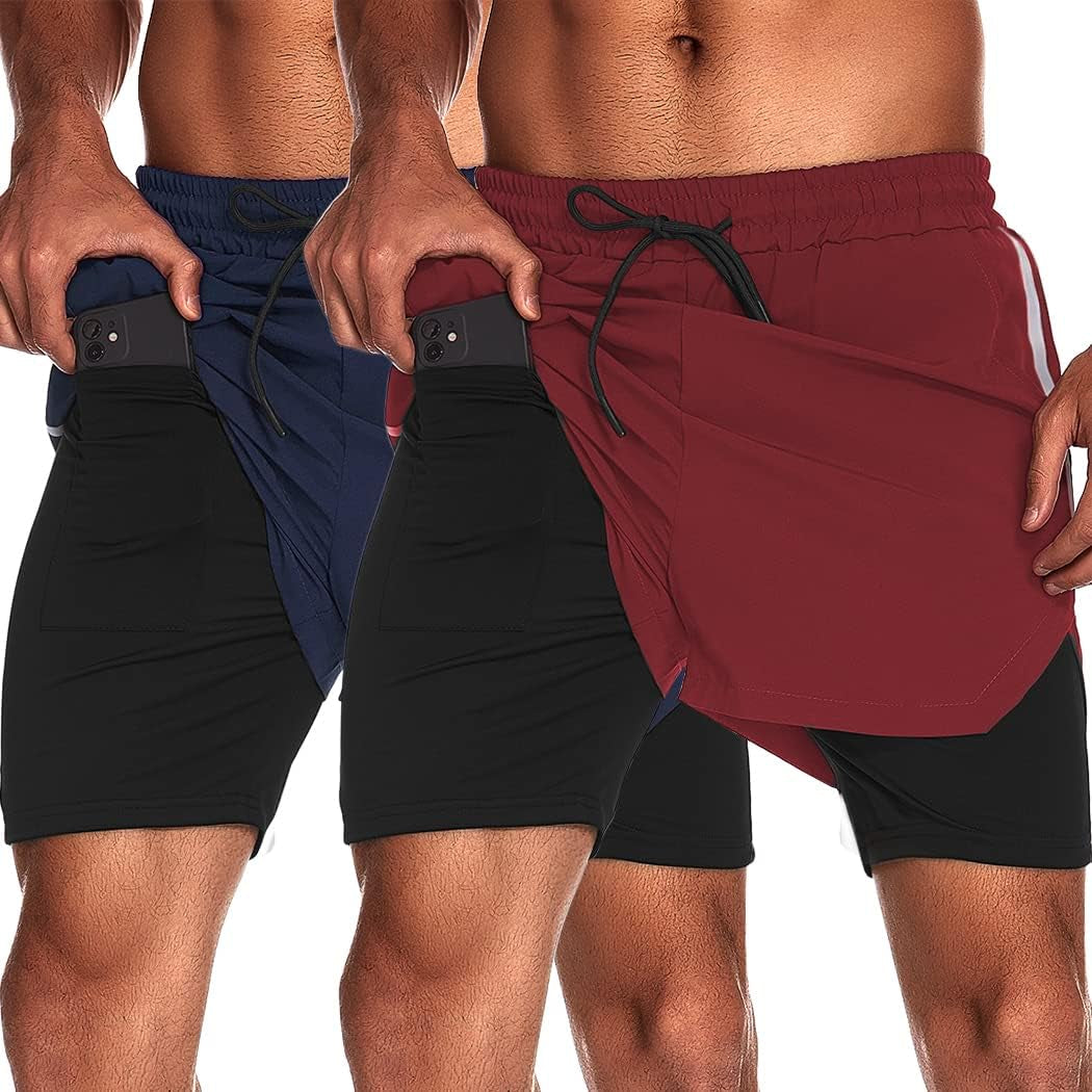 Men'S 2 Pack Gym Shorts with Liner 2 in 1 Athletic Bodybuilding Workout Shorts with Zipper Pockets