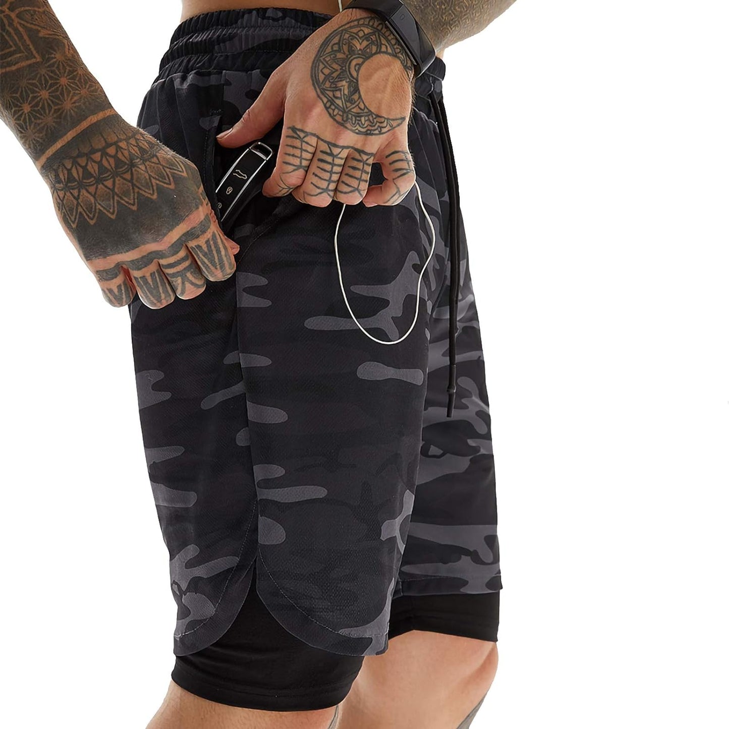 2In1 Quick Dry Work Shorts Men - Shorts for Men Gym Shorts for Men 2 in 1 Gym Shorts for Men Camo with Phone Pockets