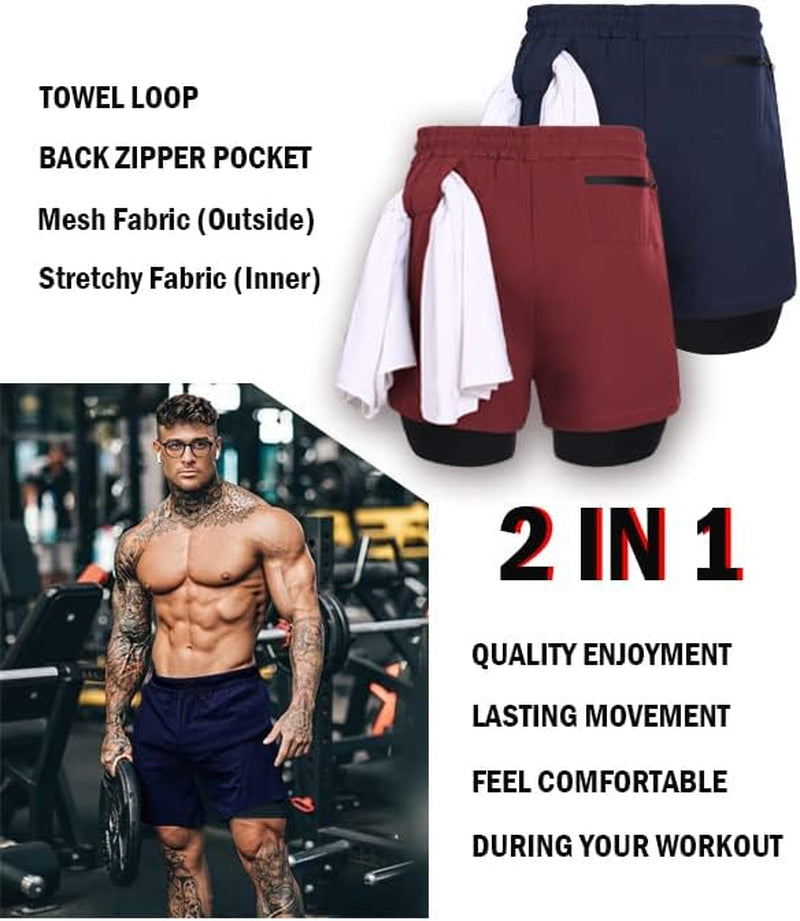 Men'S 2 Pack Gym Shorts with Liner 2 in 1 Athletic Bodybuilding Workout Shorts with Zipper Pockets