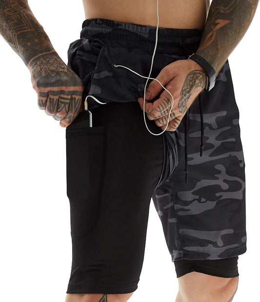 2In1 Quick Dry Work Shorts Men - Shorts for Men Gym Shorts for Men 2 in 1 Gym Shorts for Men Camo with Phone Pockets