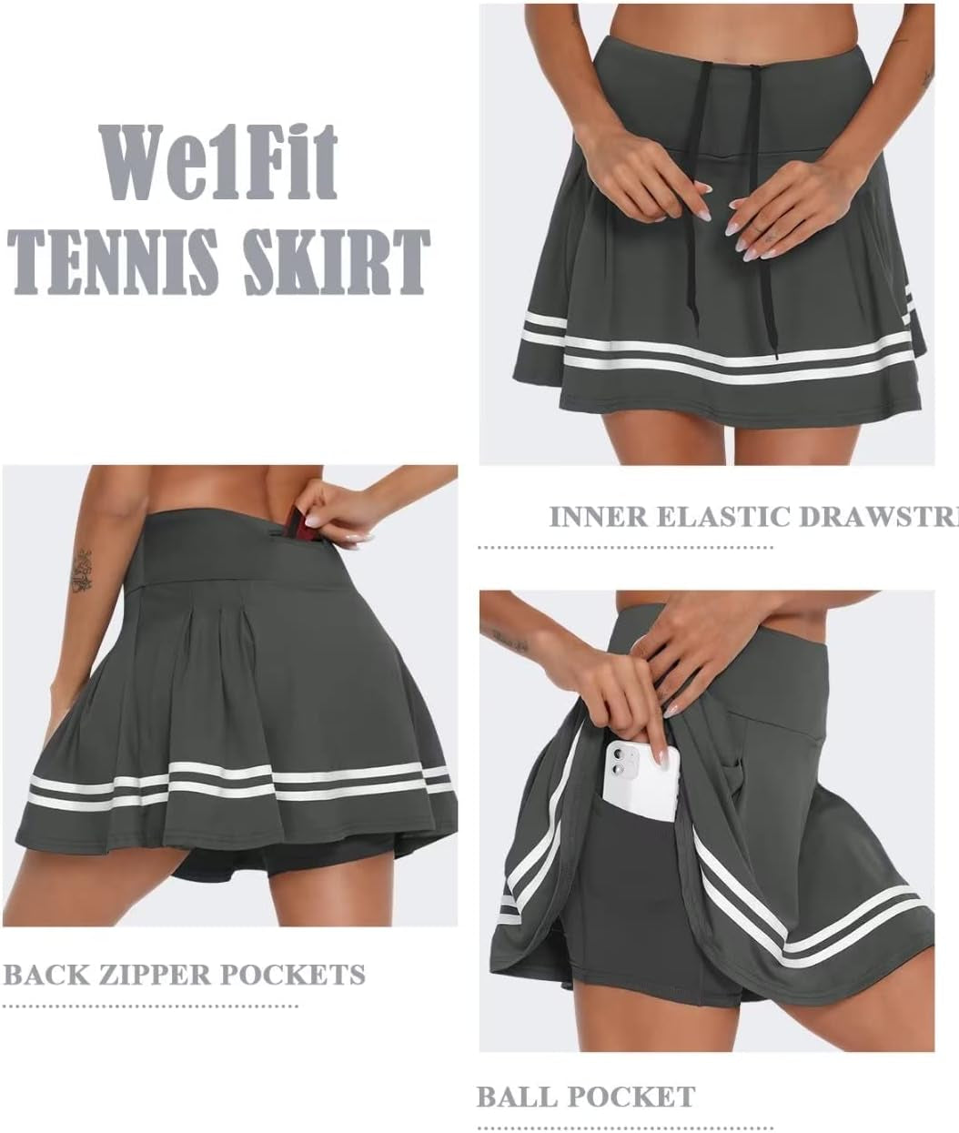 Womens High Waisted Tennis Skirts Pleated Golf Skorts with Ball Pockets Activewear Dark Gray