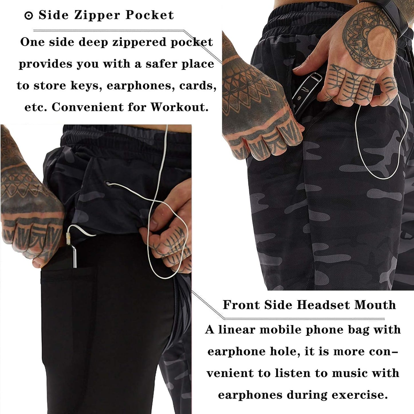 2In1 Quick Dry Work Shorts Men - Shorts for Men Gym Shorts for Men 2 in 1 Gym Shorts for Men Camo with Phone Pockets