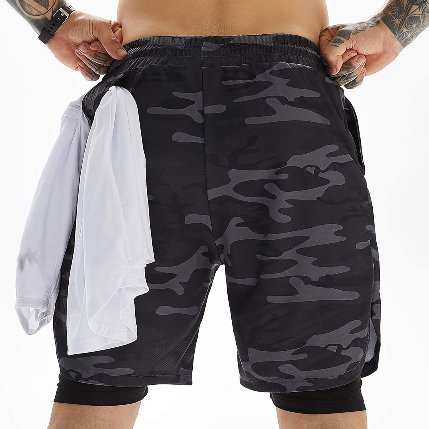2In1 Quick Dry Work Shorts Men - Shorts for Men Gym Shorts for Men 2 in 1 Gym Shorts for Men Camo with Phone Pockets